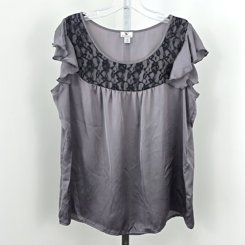 Worthington Satin Lace Scoop Neck Flutter Short Sleeve Top Gray Black XL
